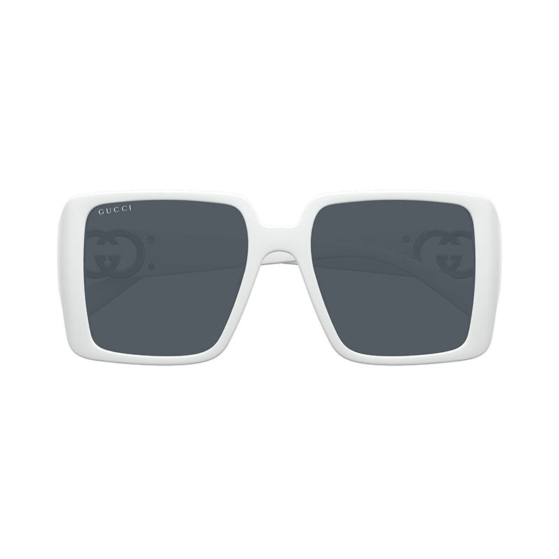 Gucci Square Full Rim, with a White frame and Grey lens.