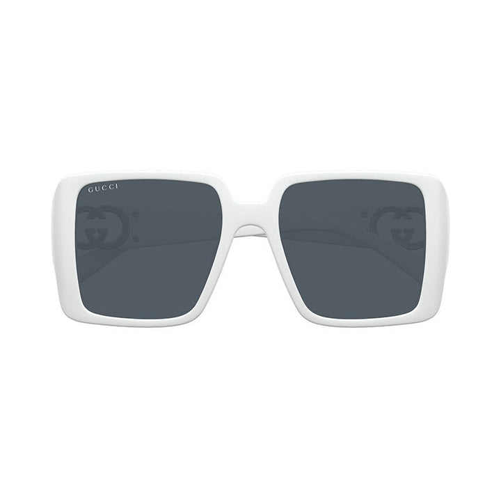 Gucci Square Full Rim, with a White frame and Grey lens.