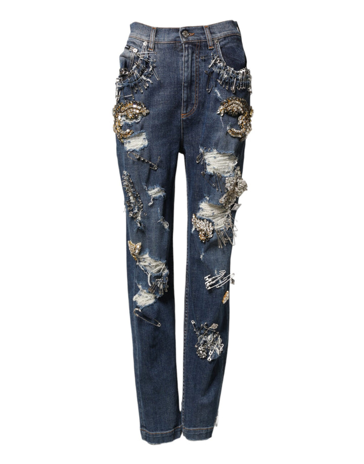 Dolce & Gabbana Blue Cotton Rhinestone Embellish Denim Jeans by Dolce & Gabbana outlet now on sale