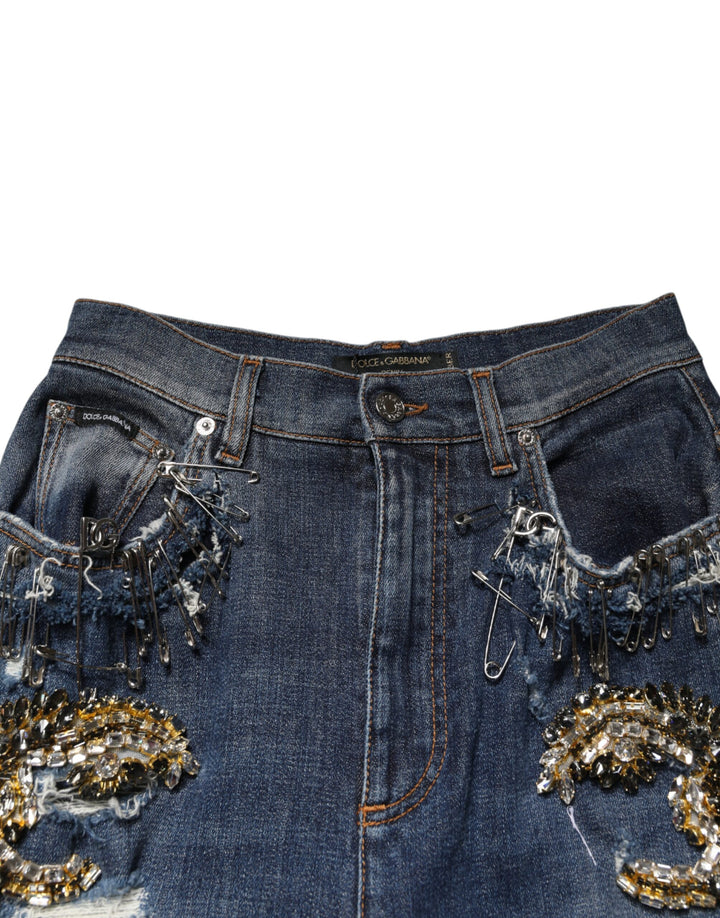 Dolce & Gabbana Blue Cotton Rhinestone Embellish Denim Jeans by Dolce & Gabbana outlet now on sale
