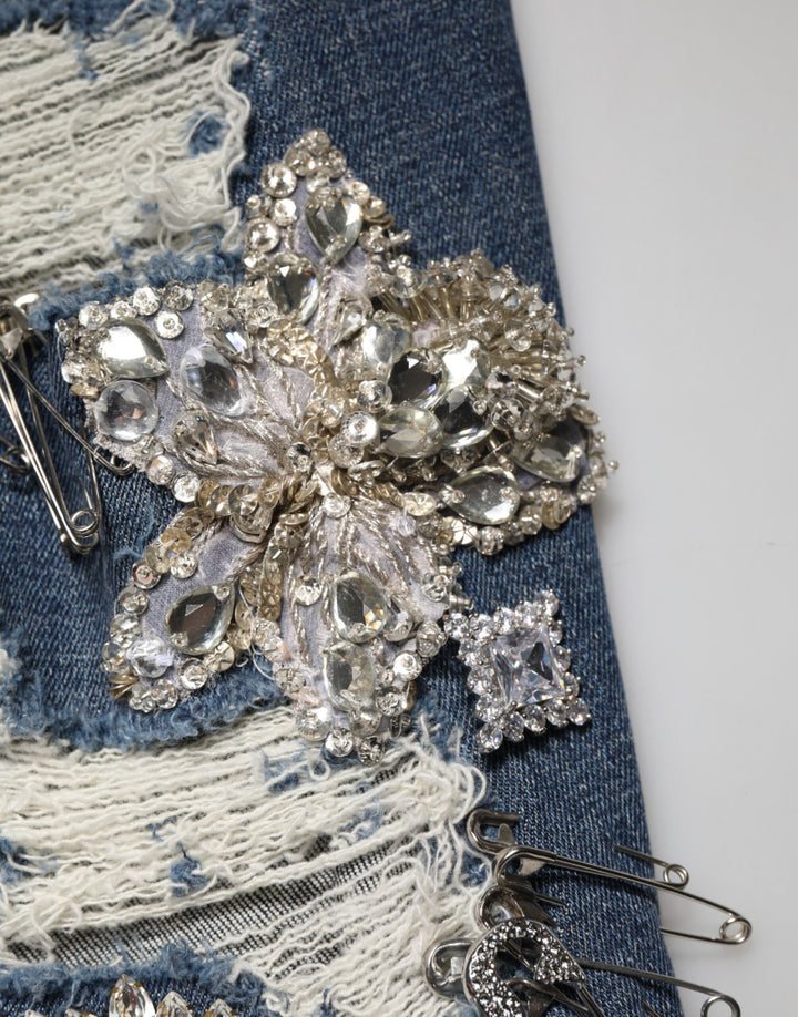 Dolce & Gabbana Blue Cotton Rhinestone Embellish Denim Jeans by Dolce & Gabbana outlet now on sale