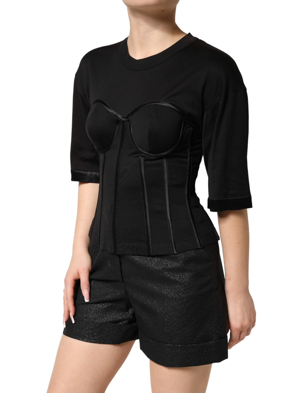 Dolce &amp; Gabbana Sample Sale Dolce &amp; Gabbana Black Cotton Bustier Corset Short Sleeves T-shirt - | Designer outlet
