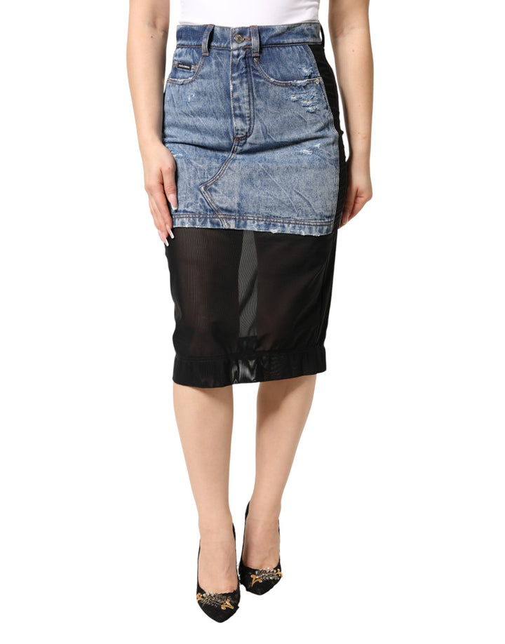 Dolce &amp; Gabbana Sample Sale Dolce &amp; Gabbana Blue Black Cotton Denim Sheer Midi Skirt - | Designer outlet