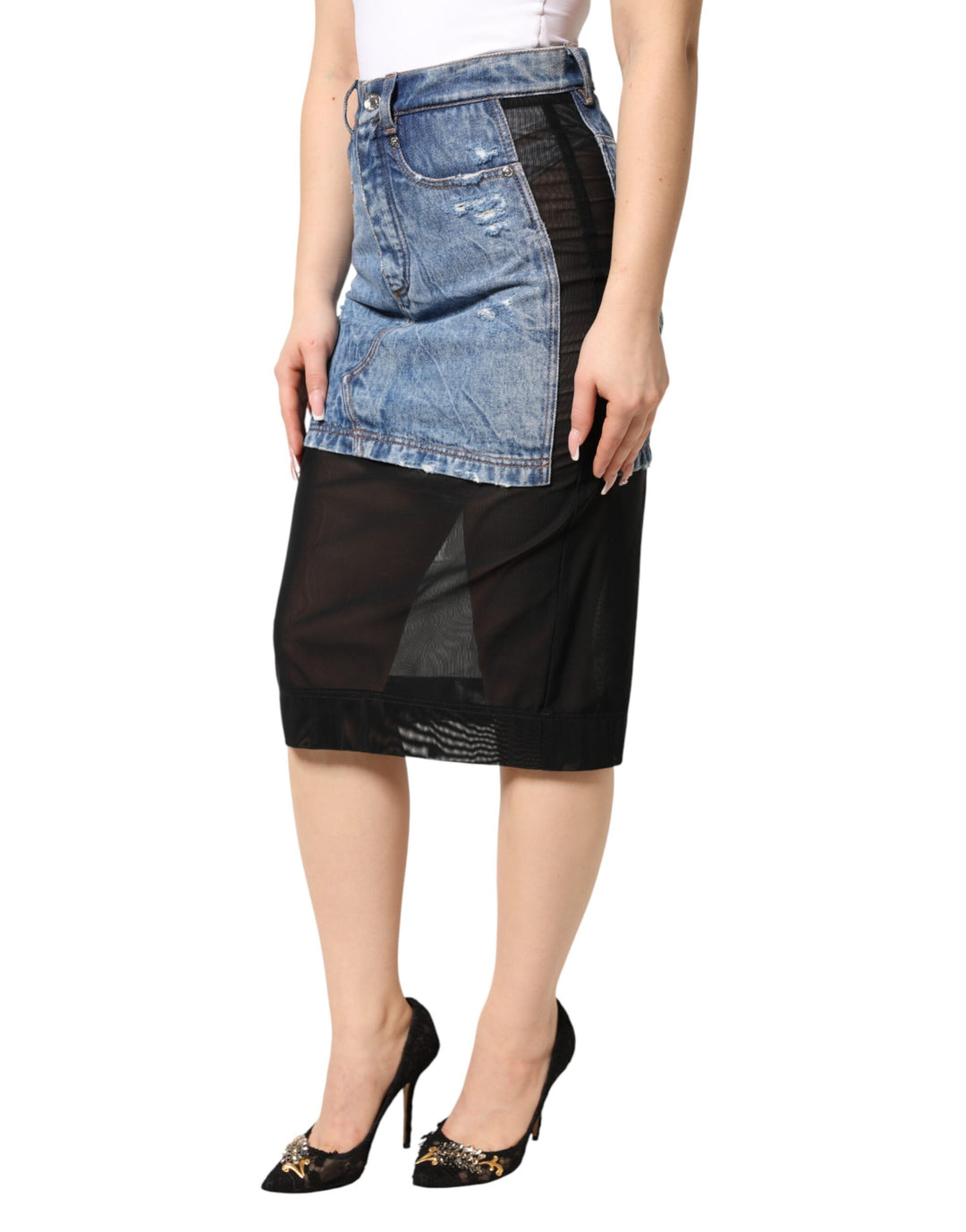 Dolce &amp; Gabbana Sample Sale Dolce &amp; Gabbana Blue Black Cotton Denim Sheer Midi Skirt - | Designer outlet