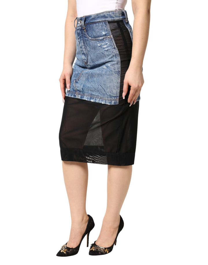 Dolce &amp; Gabbana Sample Sale Dolce &amp; Gabbana Blue Black Cotton Denim Sheer Midi Skirt - | Designer outlet