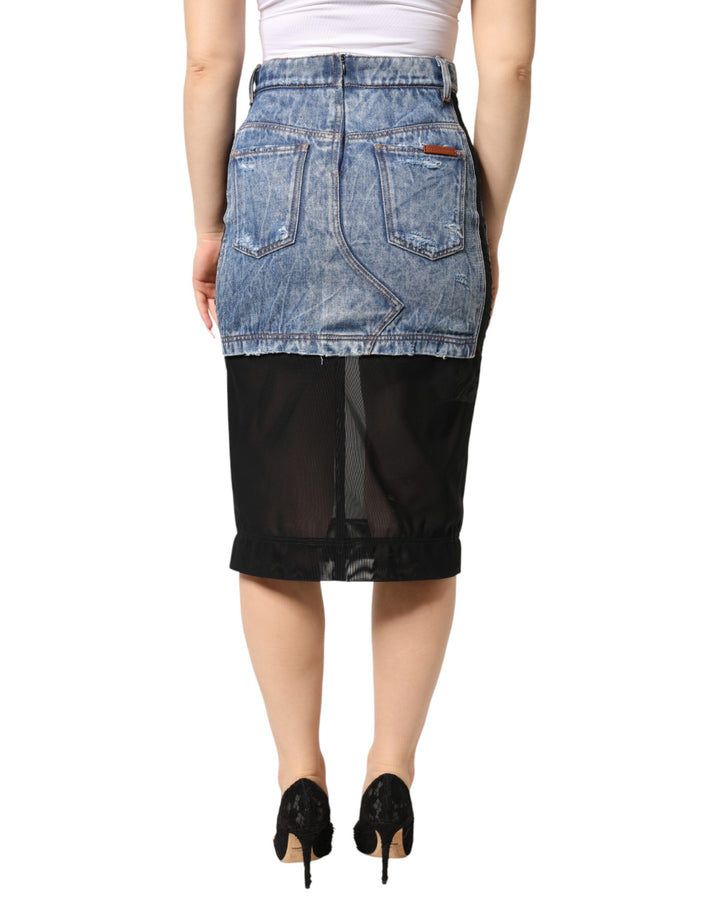 Dolce &amp; Gabbana Sample Sale Dolce &amp; Gabbana Blue Black Cotton Denim Sheer Midi Skirt - | Designer outlet