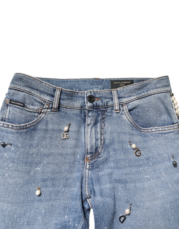 Dolce & Gabbana Blue Embellished Cotton Skinny Denim Jeans by Dolce & Gabbana outlet now on sale