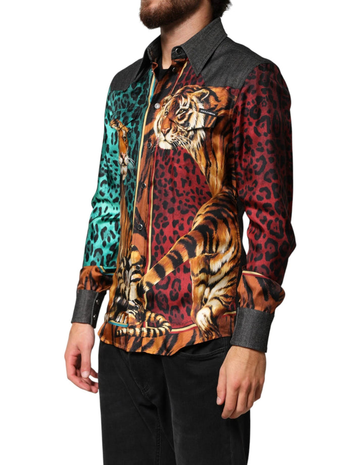 Dolce &amp; Gabbana Multicolor Tiger Leopard Print Silk Men Shirt by Dolce &amp; Gabbana outlet now on sale