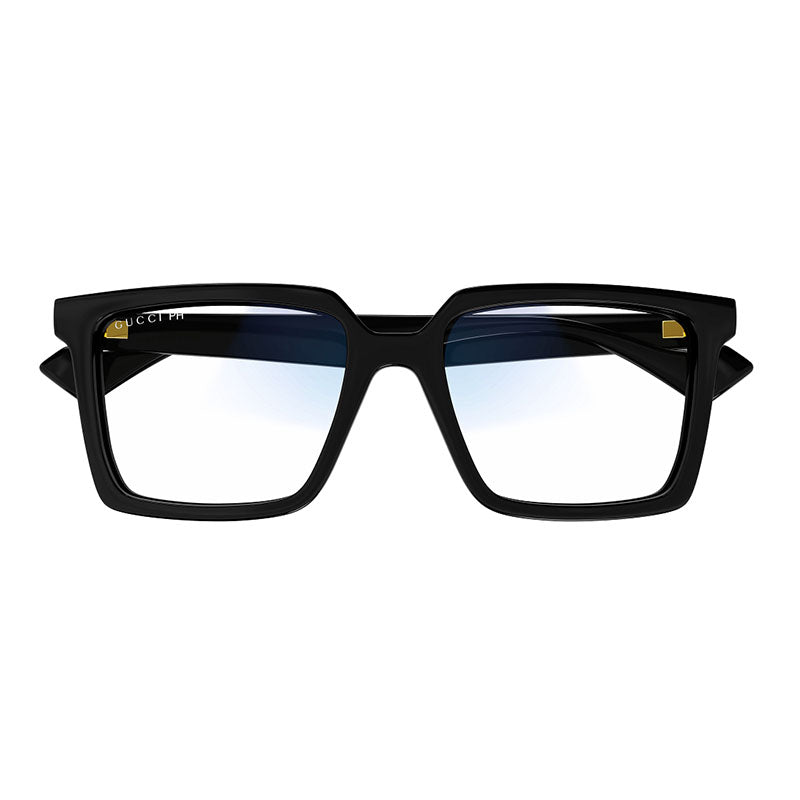 Gucci Square Full Rim, with a Black frame and Blue Light Crystal To Grey Photochromic lens.