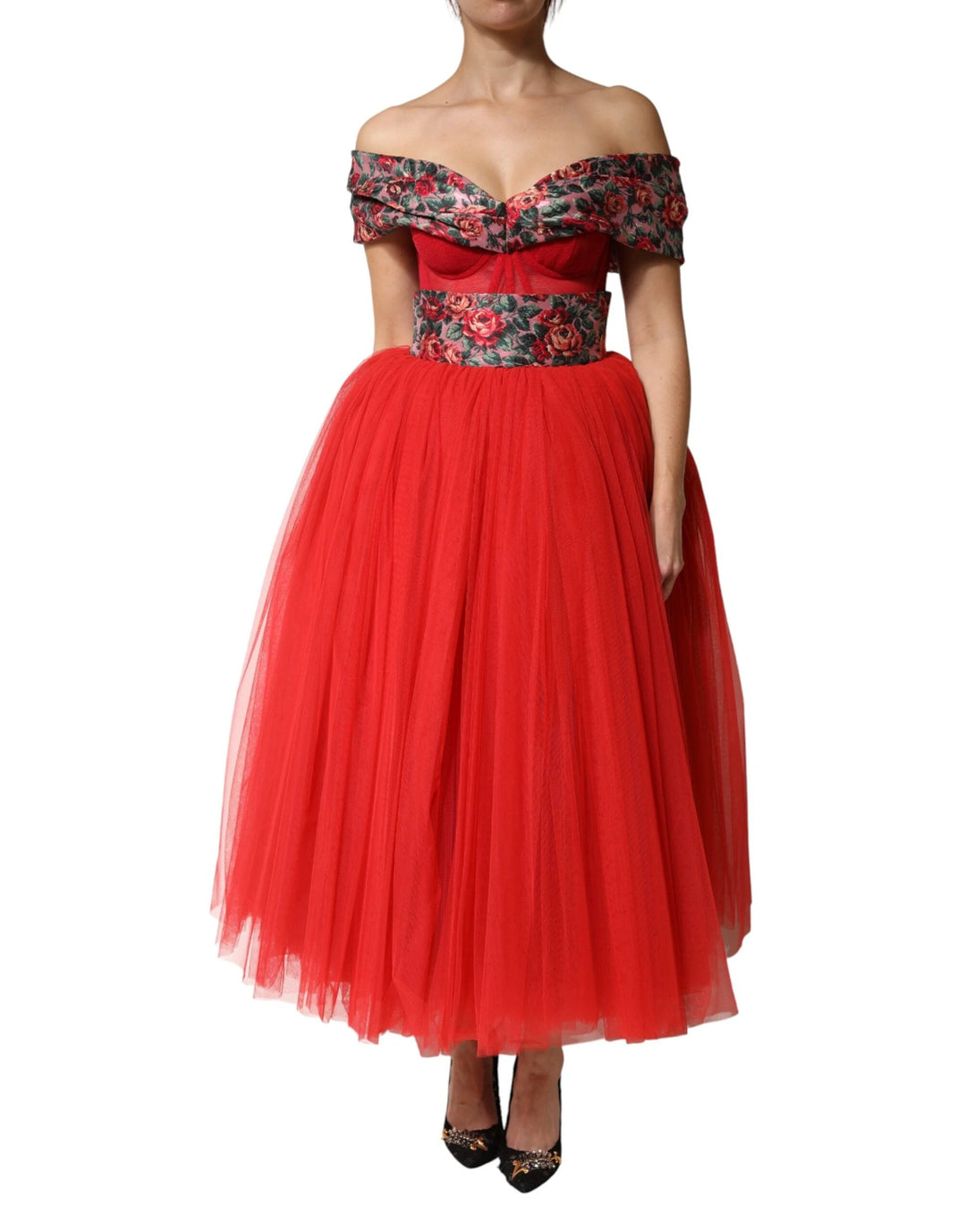 Dolce &amp; Gabbana Sample Sale Dolce &amp; Gabbana Red Floral Off Shoulder A-line Gown Dress - | Designer outlet