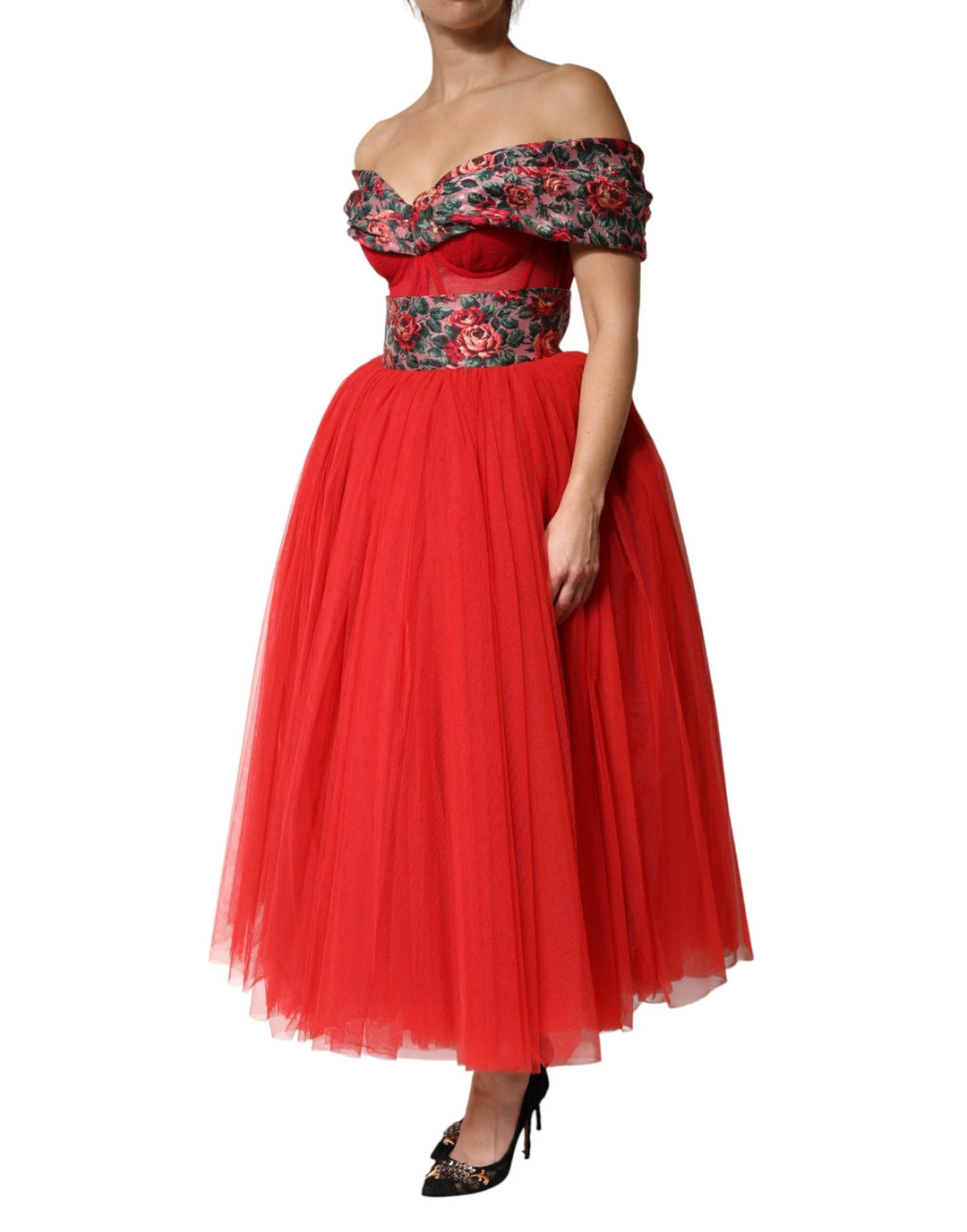 Dolce &amp; Gabbana Sample Sale Dolce &amp; Gabbana Red Floral Off Shoulder A-line Gown Dress - | Designer outlet