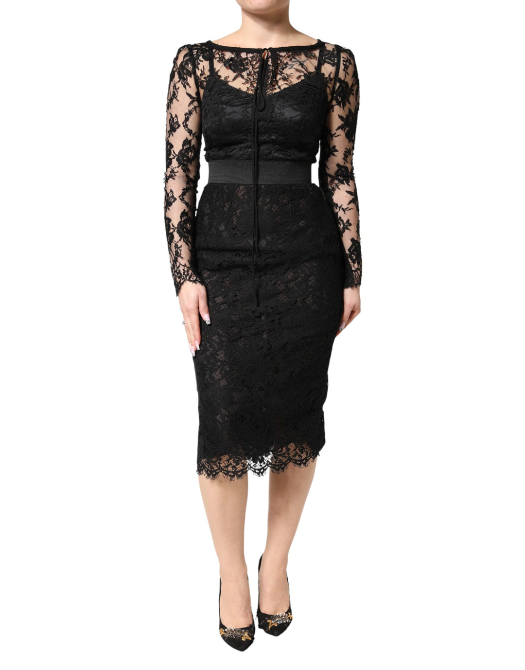Dolce & Gabbana Black Lace Trim Cotton Sheath Midi Dress