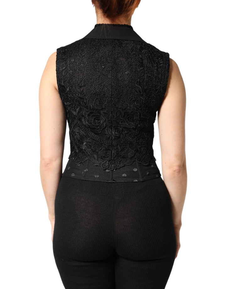 Dolce & Gabbana Black Lace V-neck Slit Hem Gathered Waist Vest Jacket