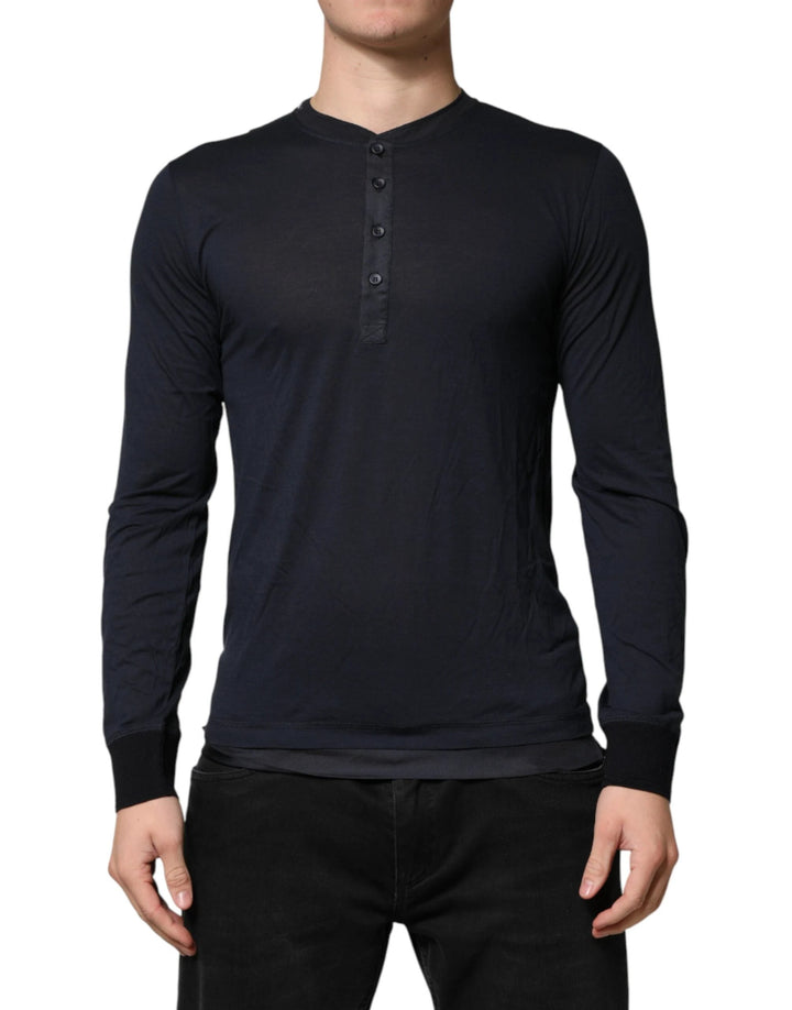 Dolce &amp; Gabbana Sample Sale Dolce &amp; Gabbana Dark Blue Cotton Henley Long Sleeves T-Shirt - | Designer outlet