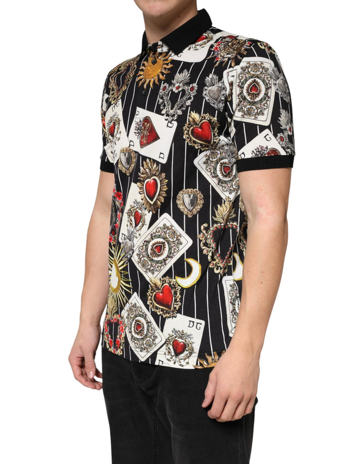 Dolce & Gabbana Black Card Heart Print Cotton Polo T-shirt