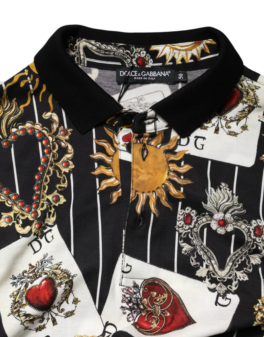 Dolce & Gabbana Black Card Heart Print Cotton Polo T-shirt
