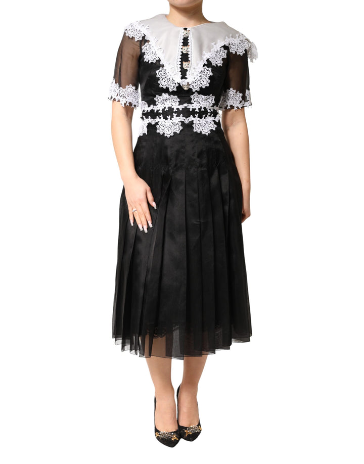 Dolce & Gabbana Black White Silk Macrame Lace Midi Dress by Dolce & Gabbana outlet now on sale