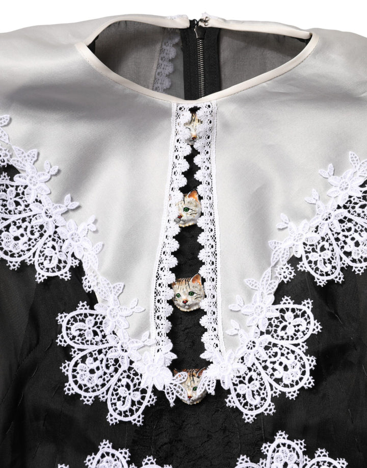 Dolce & Gabbana Black White Silk Macrame Lace Midi Dress by Dolce & Gabbana outlet now on sale