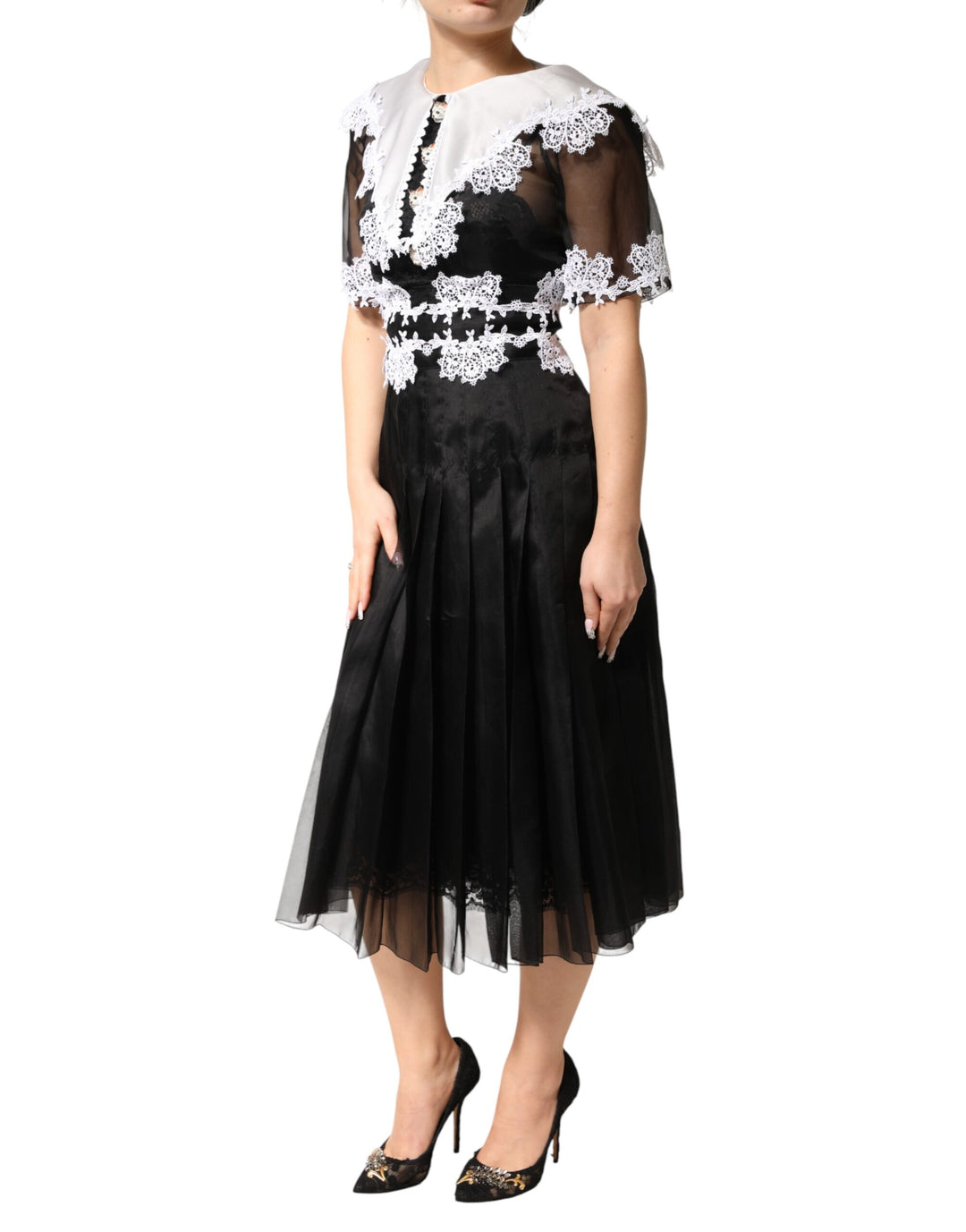 Dolce & Gabbana Black White Silk Macrame Lace Midi Dress by Dolce & Gabbana outlet now on sale