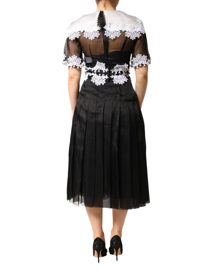 Dolce & Gabbana Black White Silk Macrame Lace Midi Dress by Dolce & Gabbana outlet now on sale