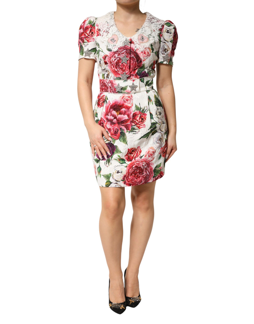 Dolce & Gabbana White Floral Embellished Sheath Mini Dress by Dolce & Gabbana outlet now on sale