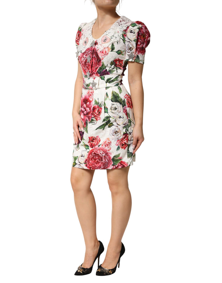 Dolce & Gabbana White Floral Embellished Sheath Mini Dress by Dolce & Gabbana outlet now on sale