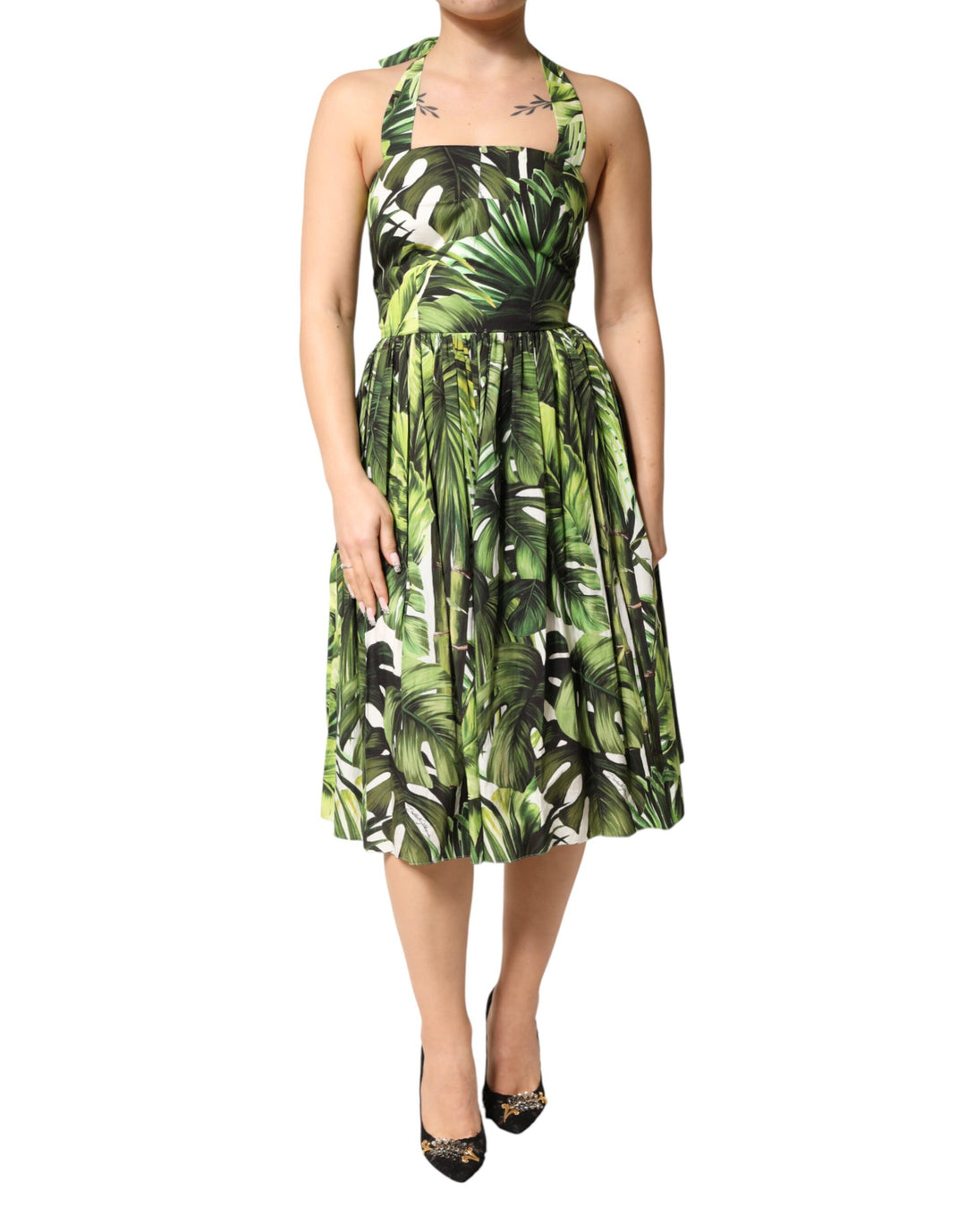 Dolce & Gabbana Green Leaves Print Cotton Halter Midi Dress Dolce & Gabbana Green Leaves Print Cotton Halter Midi Dress