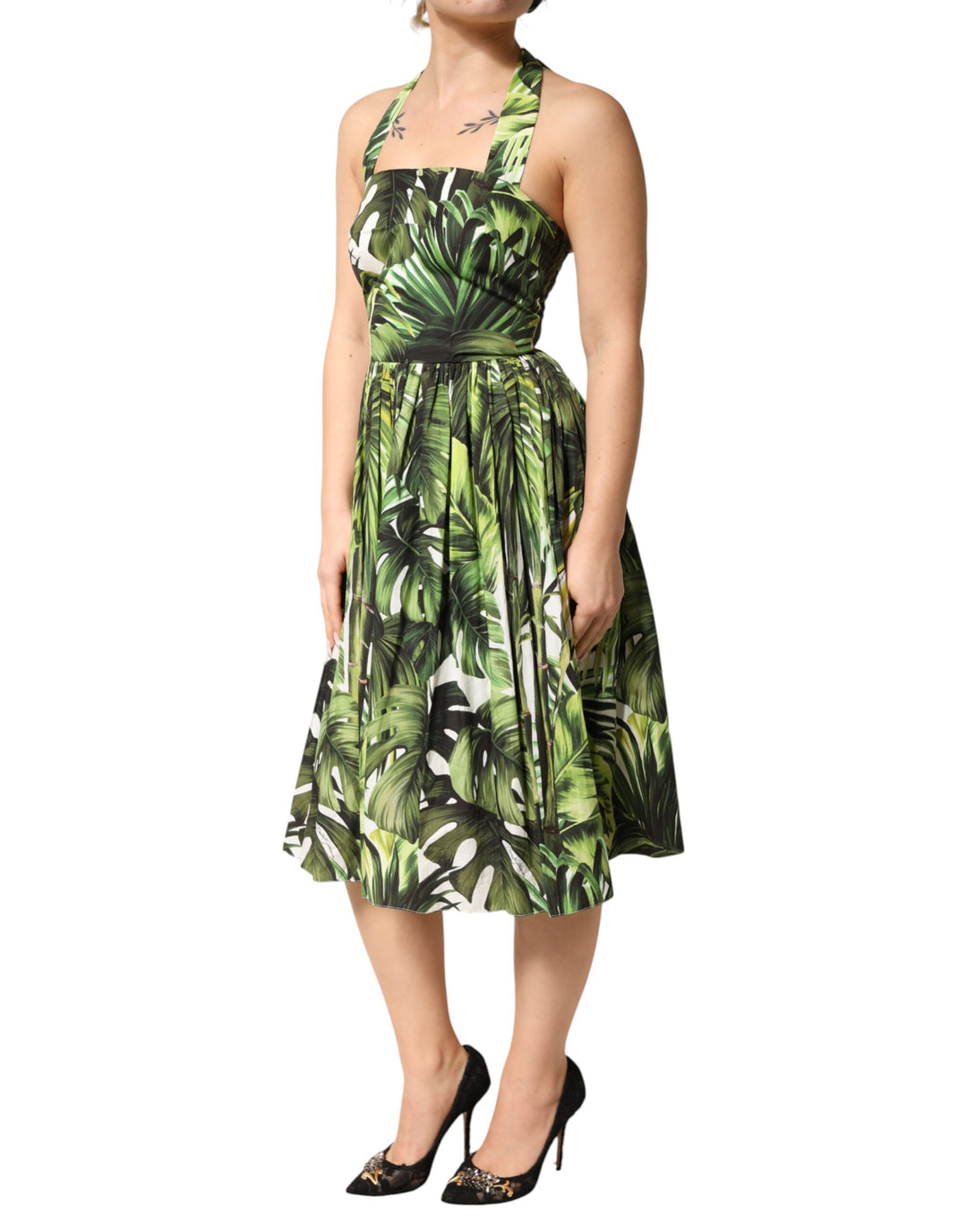 Dolce & Gabbana Green Leaves Print Cotton Halter Midi Dress by Dolce & Gabbana outlet now on sale