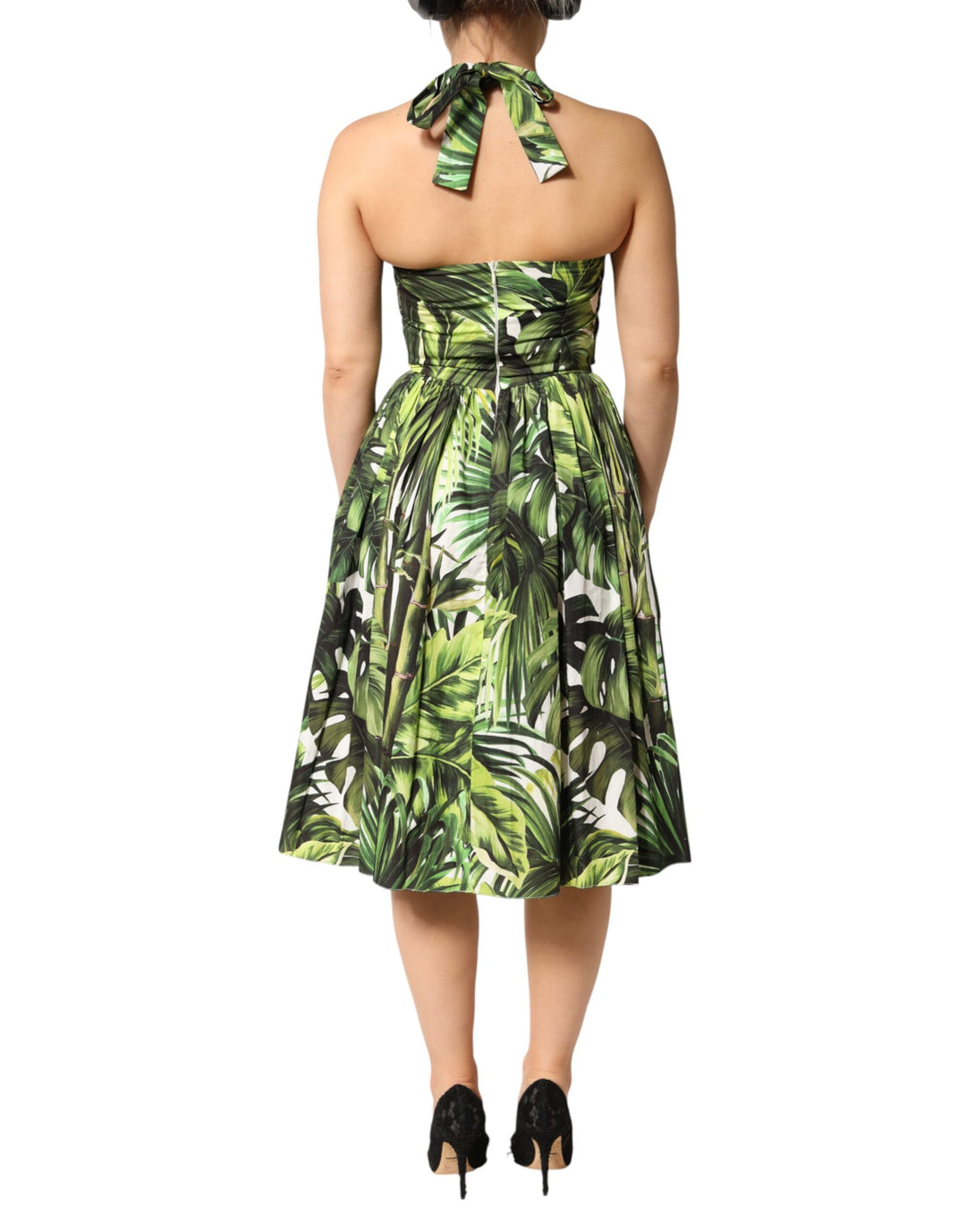 Dolce & Gabbana Green Leaves Print Cotton Halter Midi Dress by Dolce & Gabbana outlet now on sale
