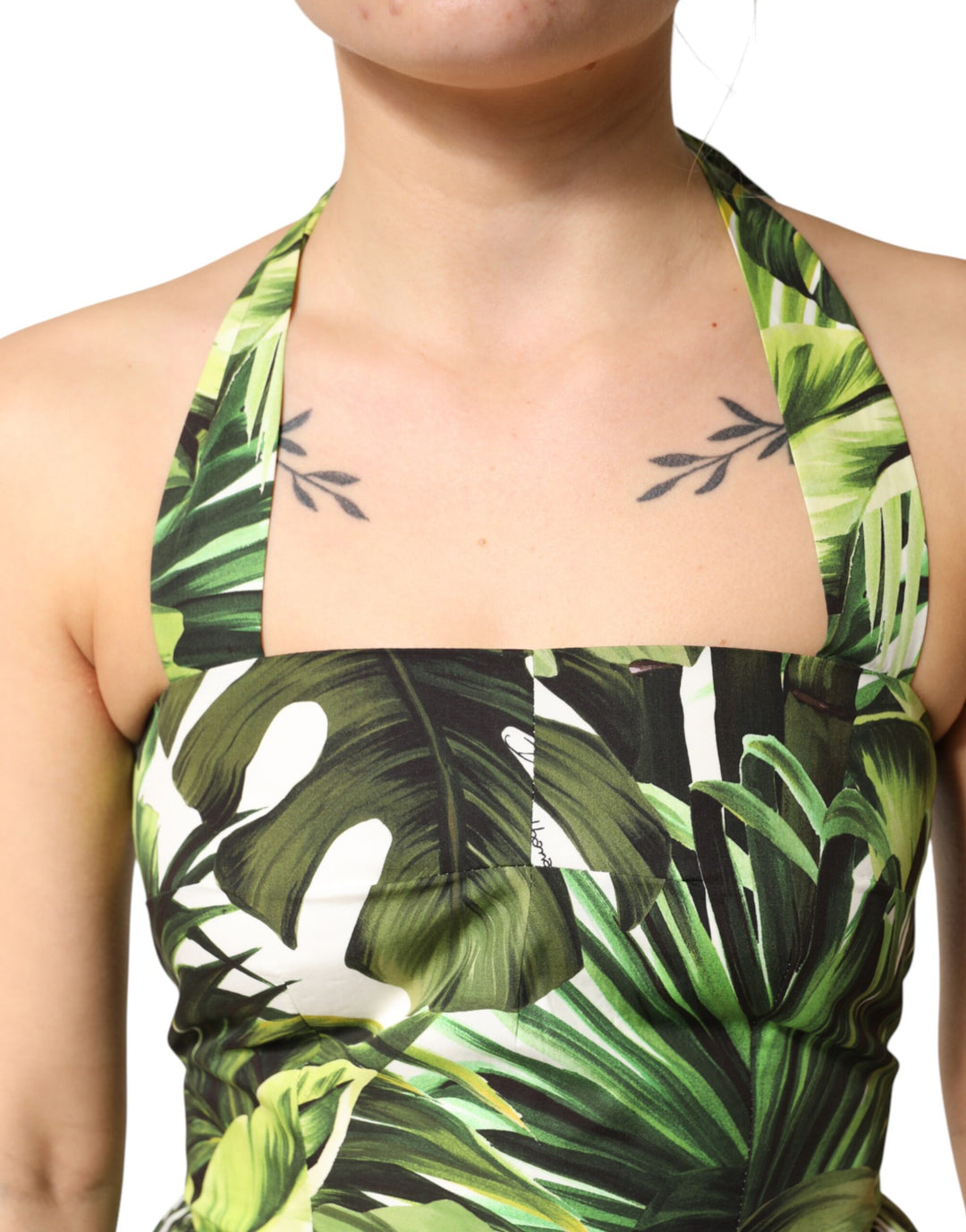 Dolce & Gabbana Green Leaves Print Cotton Halter Midi Dress by Dolce & Gabbana outlet now on sale