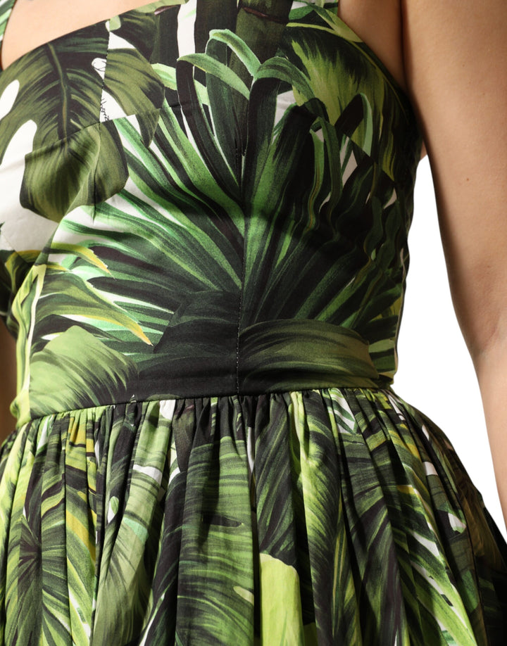 Dolce & Gabbana Green Leaves Print Cotton Halter Midi Dress by Dolce & Gabbana outlet now on sale