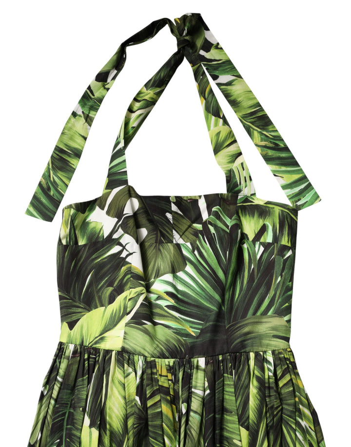 Dolce & Gabbana Green Leaves Print Cotton Halter Midi Dress by Dolce & Gabbana outlet now on sale