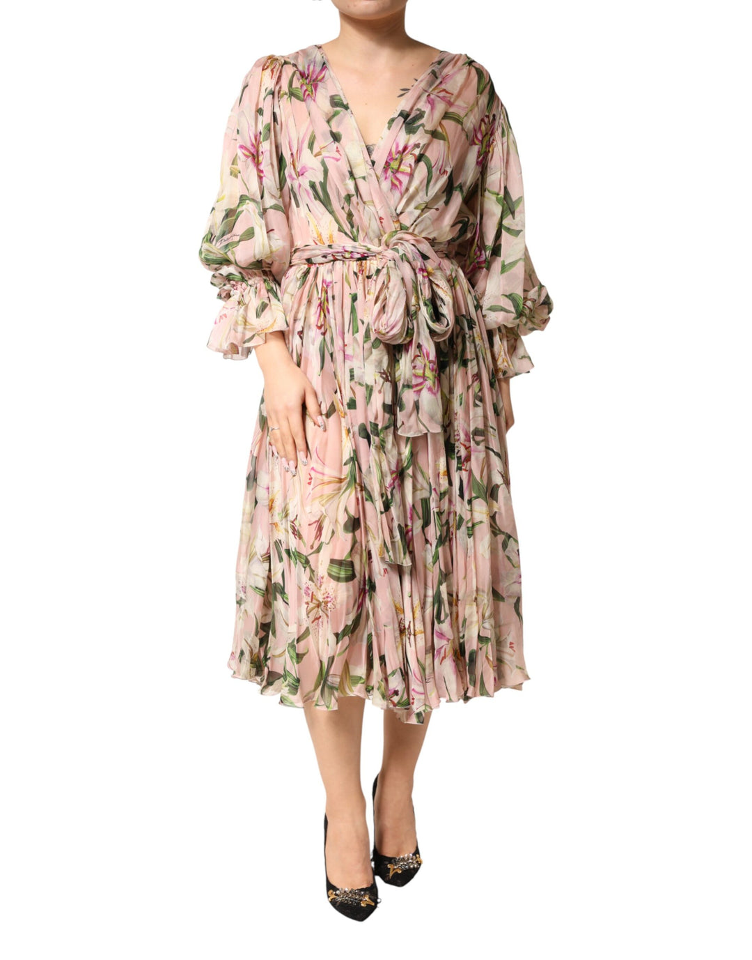 Dolce & Gabbana Pink Lily Print A-line Pleated Maxi Dress by Dolce & Gabbana outlet now on sale