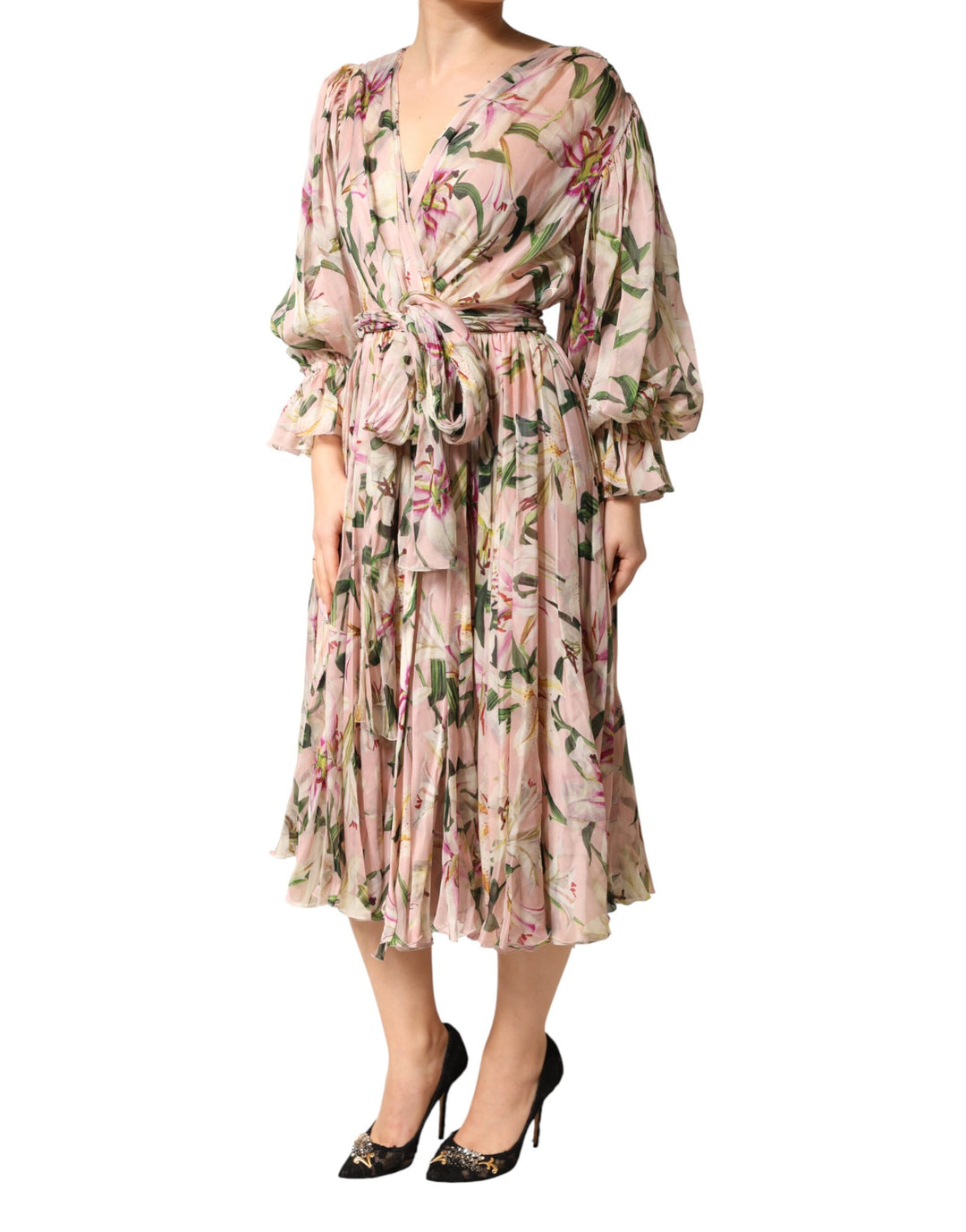 Dolce & Gabbana Pink Lily Print A-line Pleated Maxi Dress by Dolce & Gabbana outlet now on sale