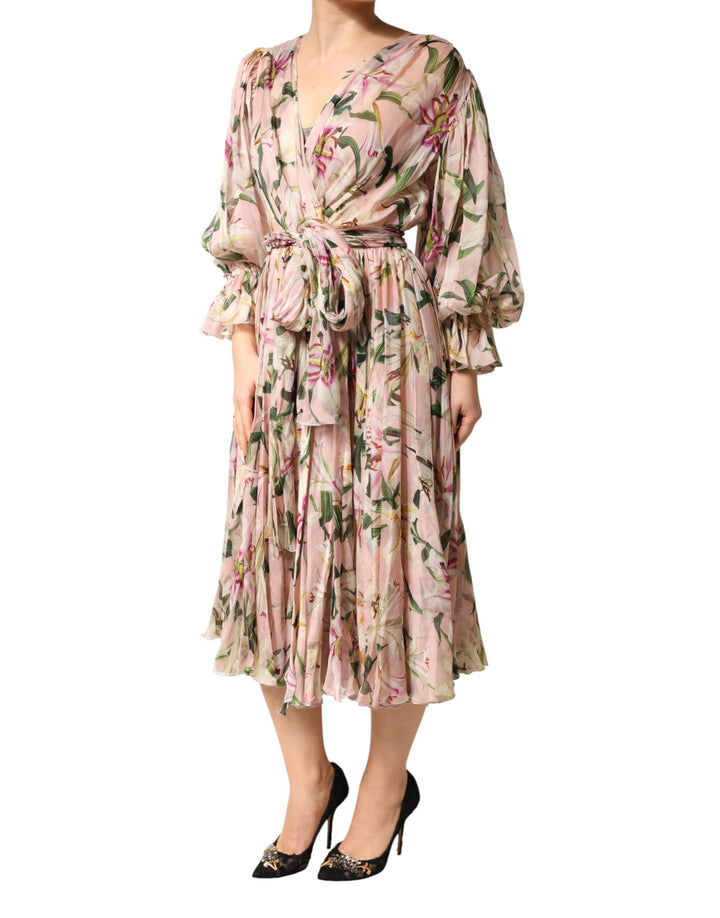 Dolce & Gabbana Pink Lily Print A-line Pleated Maxi Dress by Dolce & Gabbana outlet now on sale