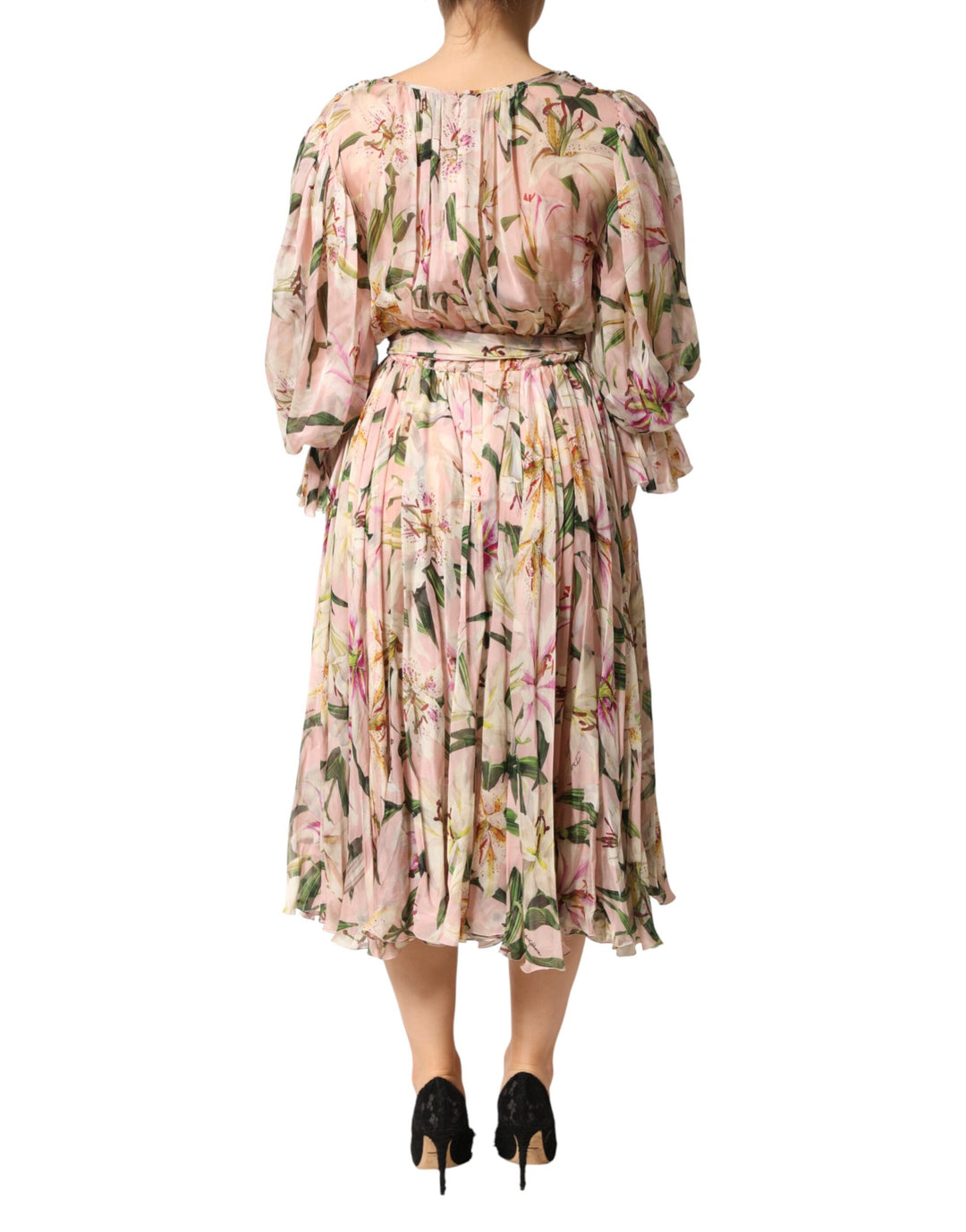 Dolce & Gabbana Pink Lily Print A-line Pleated Maxi Dress by Dolce & Gabbana outlet now on sale