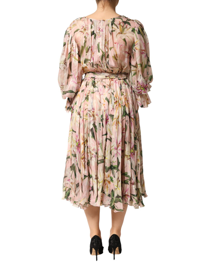 Dolce & Gabbana Pink Lily Print A-line Pleated Maxi Dress by Dolce & Gabbana outlet now on sale