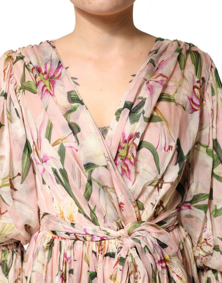 Dolce & Gabbana Pink Lily Print A-line Pleated Maxi Dress by Dolce & Gabbana outlet now on sale