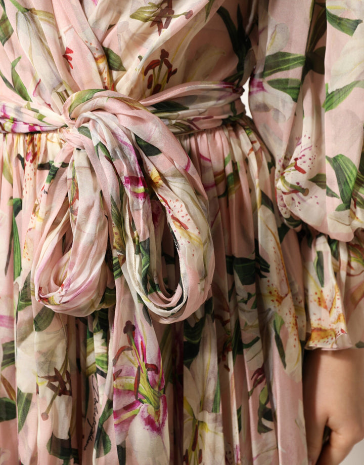 Dolce & Gabbana Pink Lily Print A-line Pleated Maxi Dress by Dolce & Gabbana outlet now on sale