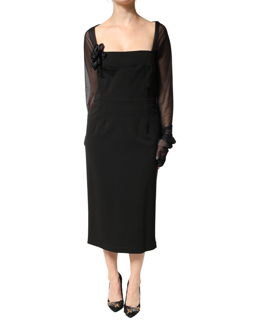 Dolce & Gabbana Black Sheer Yoke Rosette Sheath Midi Dress by Dolce & Gabbana outlet now on sale