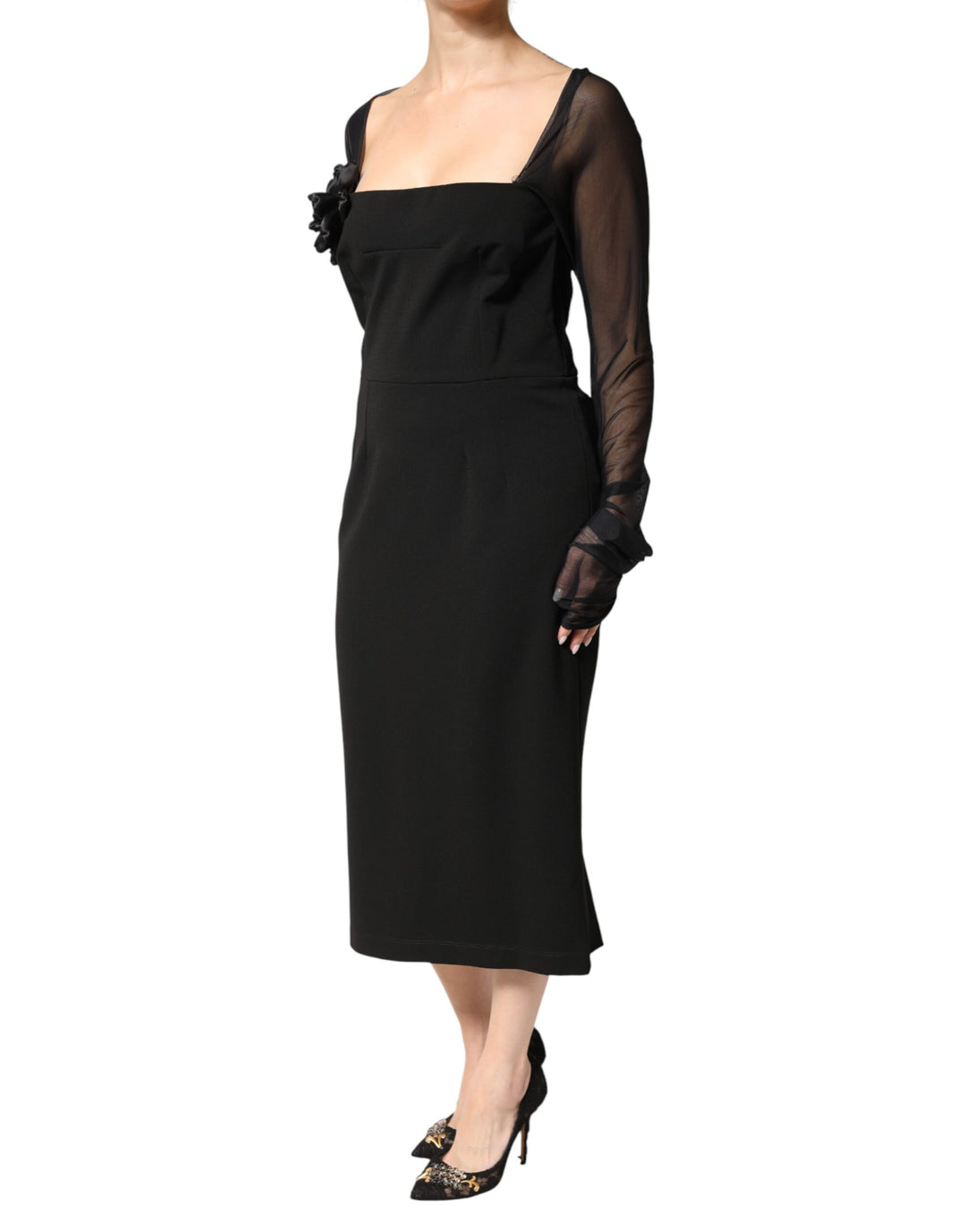 Dolce & Gabbana Black Sheer Yoke Rosette Sheath Midi Dress by Dolce & Gabbana outlet now on sale