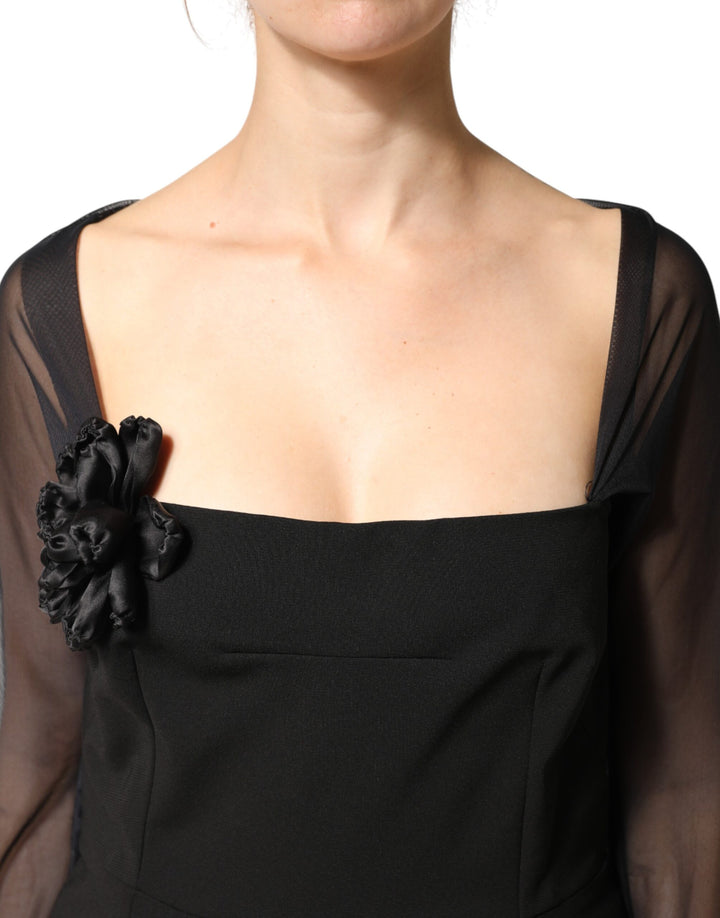 Dolce & Gabbana Black Sheer Yoke Rosette Sheath Midi Dress by Dolce & Gabbana outlet now on sale