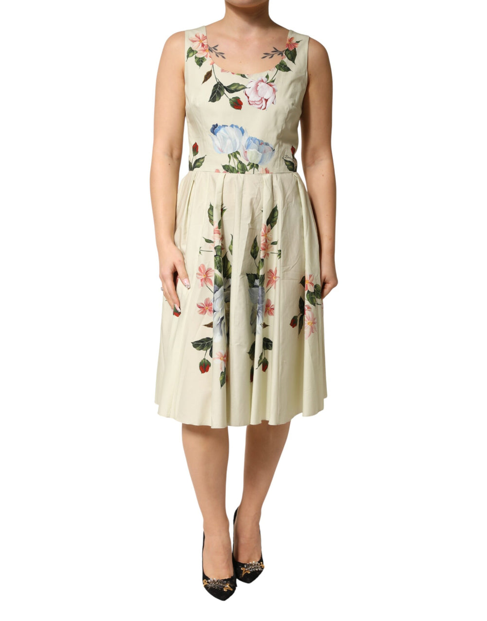 Dolce & Gabbana Beige Floral Sleeveless A-line Dress by Dolce & Gabbana outlet now on sale