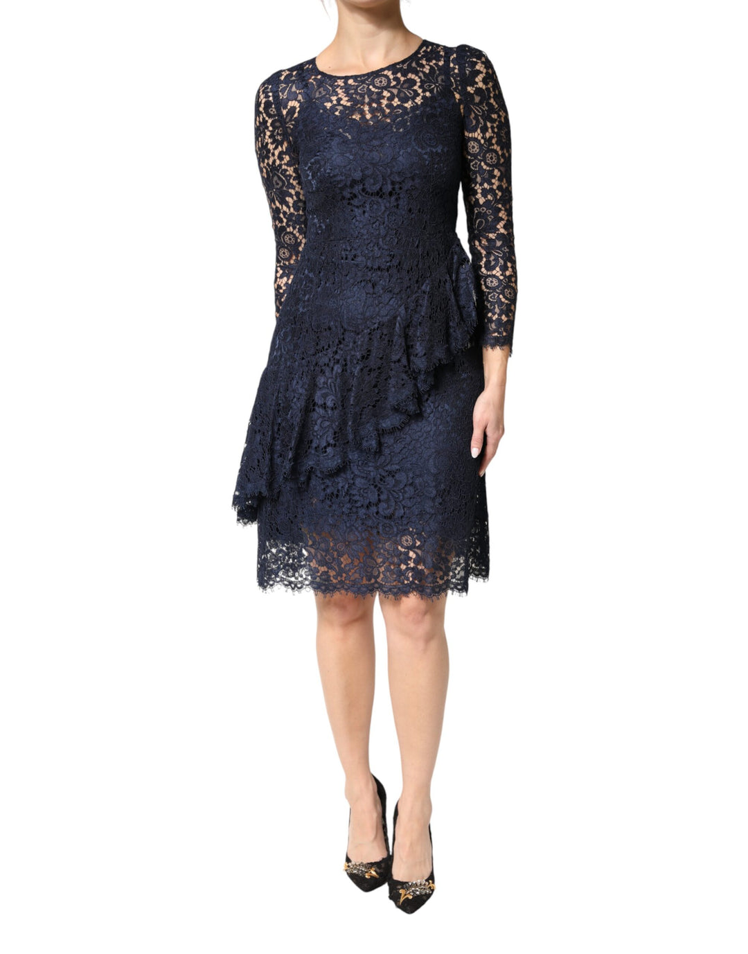 Dolce & Gabbana Blue Lace Ruffle A-line Knee Length Dress by Dolce & Gabbana outlet now on sale