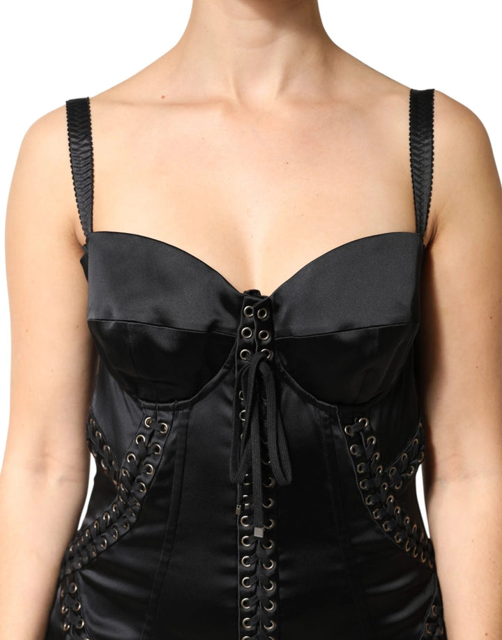 Dolce &amp; Gabbana Sample Sale Dolce &amp; Gabbana Black Satin Acetate Lace Eyelets Mini Dress - | Designer outlet