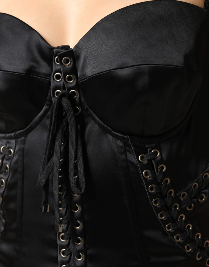 Dolce &amp; Gabbana Sample Sale Dolce &amp; Gabbana Black Satin Acetate Lace Eyelets Mini Dress - | Designer outlet