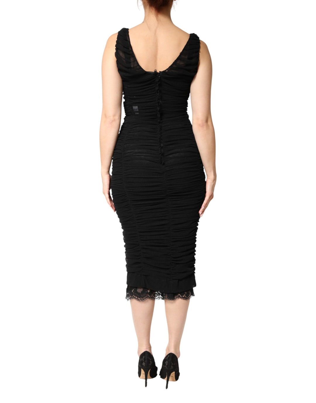 Dolce & Gabbana Black V-Neck Ruched Lace Hem Midi Dress by Dolce & Gabbana outlet now on sale