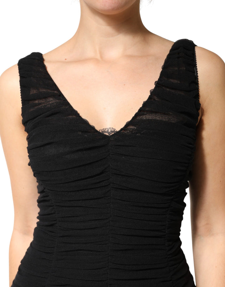 Dolce & Gabbana Black V-Neck Ruched Lace Hem Midi Dress by Dolce & Gabbana outlet now on sale