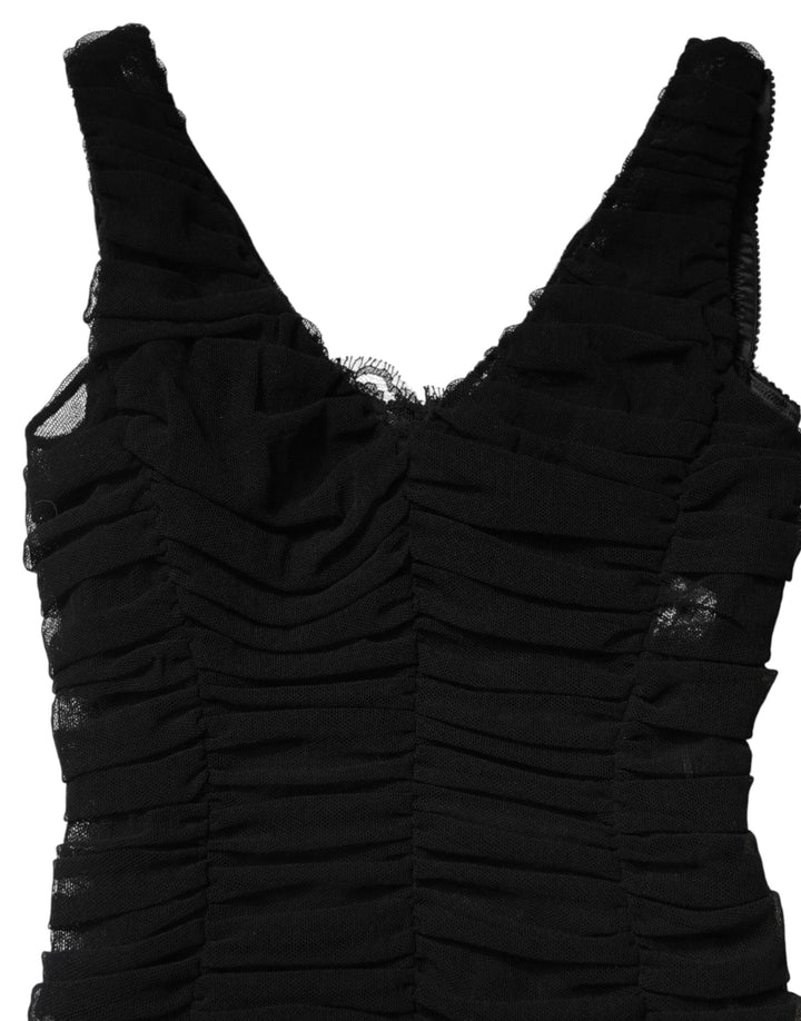 Dolce & Gabbana Black V-Neck Ruched Lace Hem Midi Dress by Dolce & Gabbana outlet now on sale