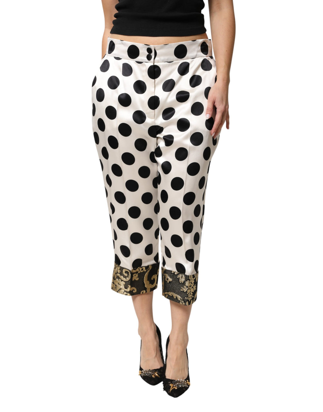 Dolce & Gabbana White Black Polka Dot Silk Mid Waist Cropped Pants by Dolce & Gabbana outlet now on sale